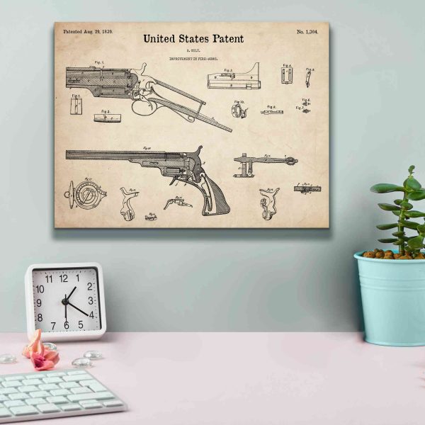 Colt Revolver Blueprint Patent Parchment,  Canvas Wall Art Fashion