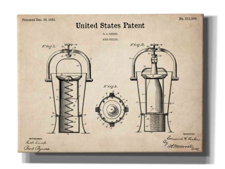 Wine Cooler Blueprint Patent Parchment,  Canvas Wall Art For Sale