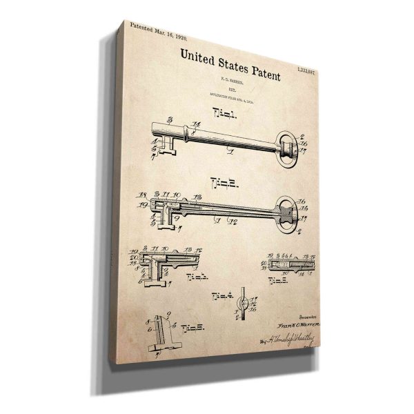 Vintage Key Blueprint Patent Parchment,  Canvas Wall Art on Sale