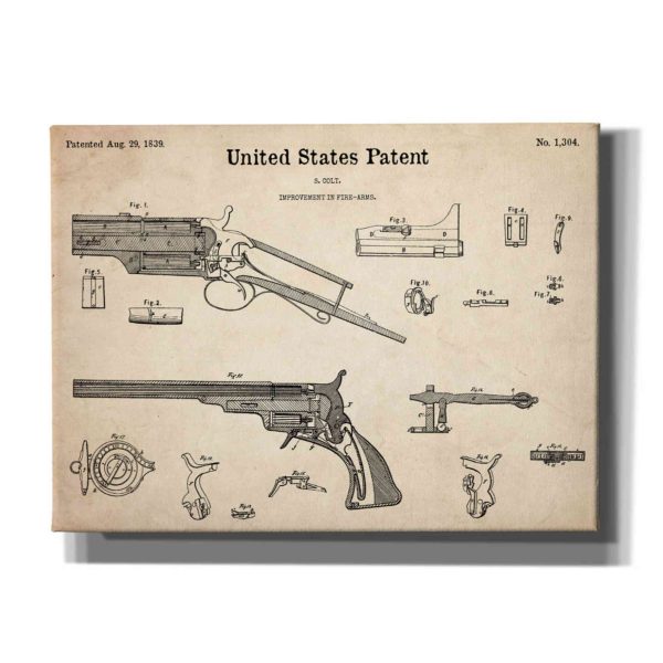 Colt Revolver Blueprint Patent Parchment,  Canvas Wall Art Fashion