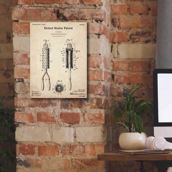 Curling Iron Blueprint Patent Parchment,  Canvas Wall Art Online