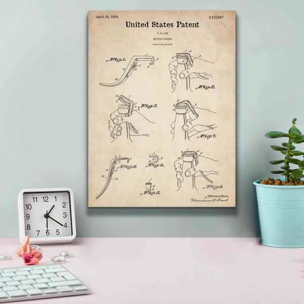 Bottle Opener Blueprint Patent Parchment,  Canvas Wall Art Fashion