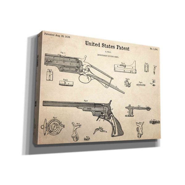 Colt Revolver Blueprint Patent Parchment,  Canvas Wall Art Fashion