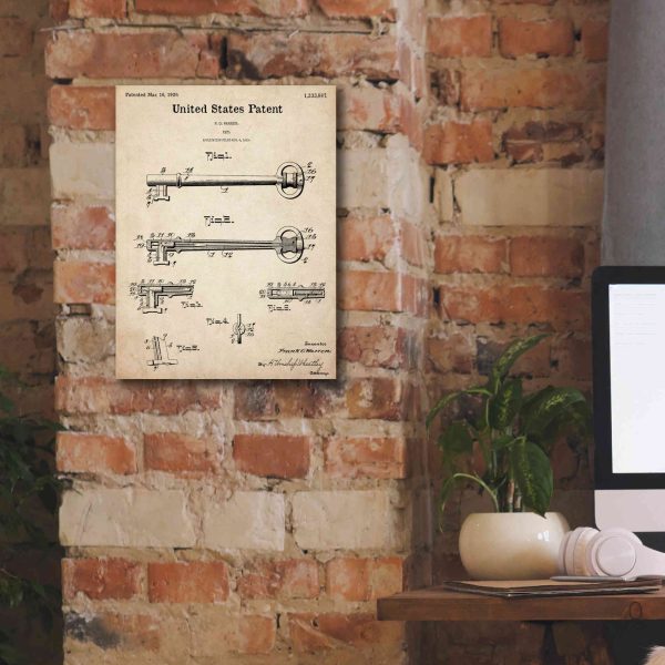 Vintage Key Blueprint Patent Parchment,  Canvas Wall Art on Sale