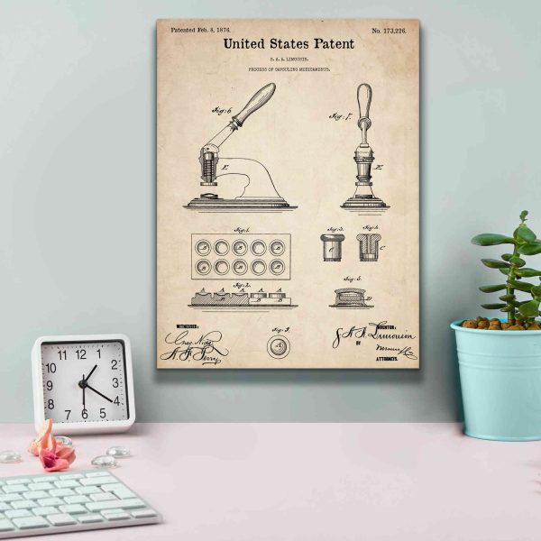 Capsuling Medicine Blueprint Patent Parchment,  Canvas Wall Art on Sale