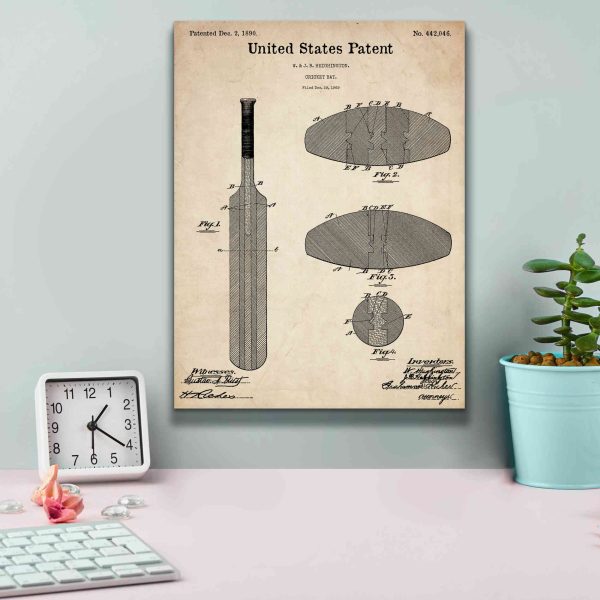 Cricket Bat Blueprint Patent Parchment,  Canvas Wall Art For Cheap