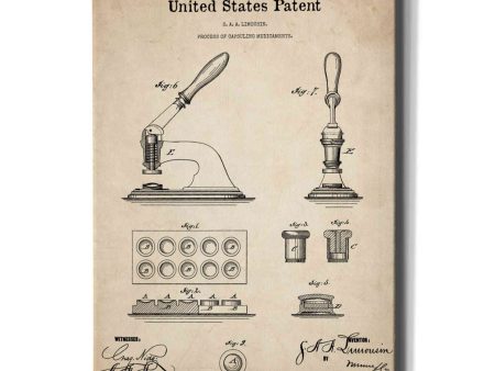 Capsuling Medicine Blueprint Patent Parchment,  Canvas Wall Art on Sale