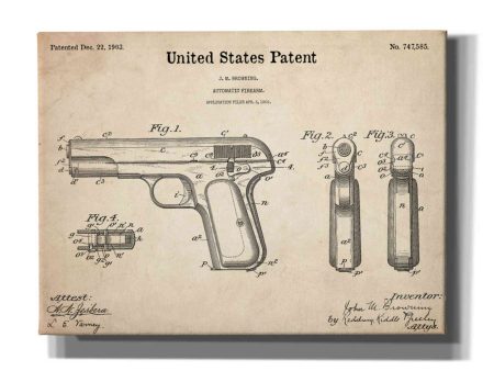 Pistol Blueprint Patent Parchment,  Canvas Wall Art For Sale