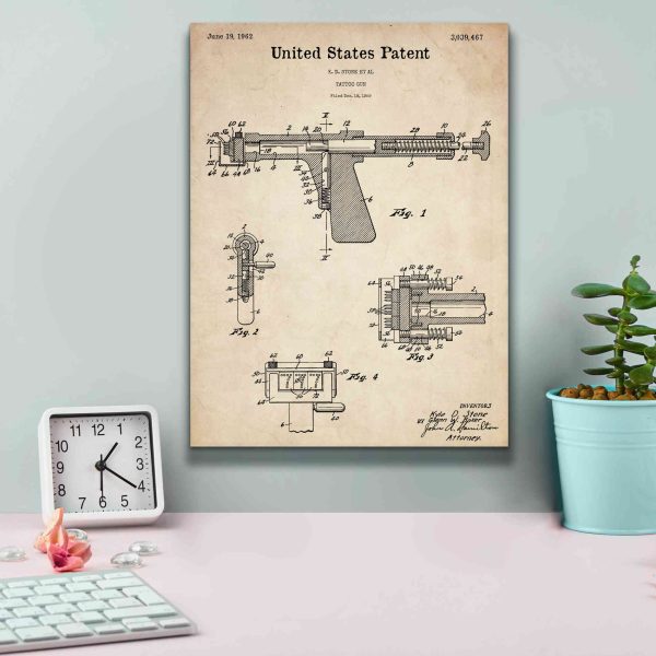 Tattoo Gun Blueprint Patent Parchment,  Canvas Wall Art Discount