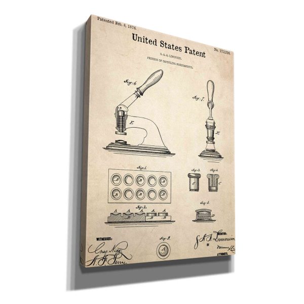 Capsuling Medicine Blueprint Patent Parchment,  Canvas Wall Art on Sale