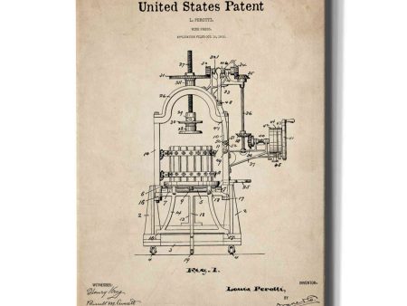 Wine Press Blueprint Patent Parchment,  Canvas Wall Art Supply