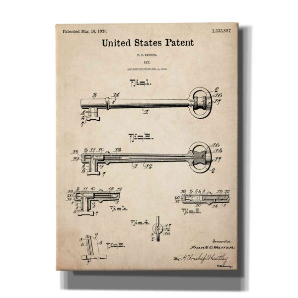 Vintage Key Blueprint Patent Parchment,  Canvas Wall Art on Sale