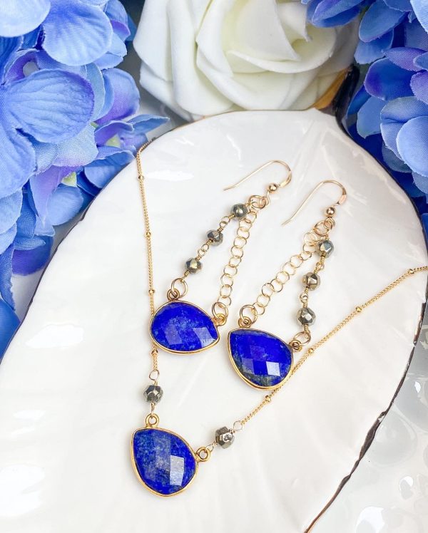 Limited Edition Everyday Golden Lapis Earrings and Necklace on Sale