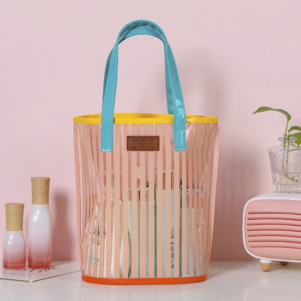 2022 New Striped Handbag Wash Bag. Girl Heart Transparent PVC Jelly Bag Portable Large-capacity Beach Bag. Storage For Sale