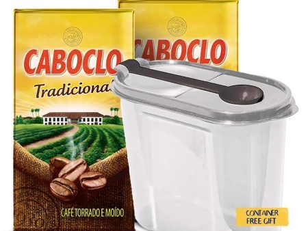 Caboclo Roasted and Ground Coffee Traditional, 2x 0.55 LB (2 Packs) | Finely Ground, Brazilian, Vacuum-Sealed | Free 54 fl oz Food Container With Spoon Cheap