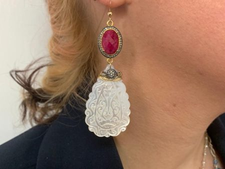 Starlit Ruby: Diamond Pave and Carved Pearl Earrings Fashion