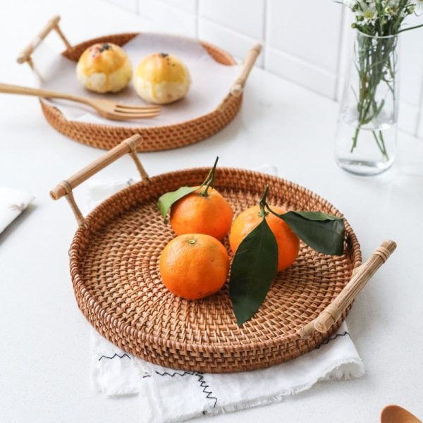 Rattan storage basket bread fruit snack two-ear tray picnic basket living room tabletop shelving basket storage box accessories Fashion