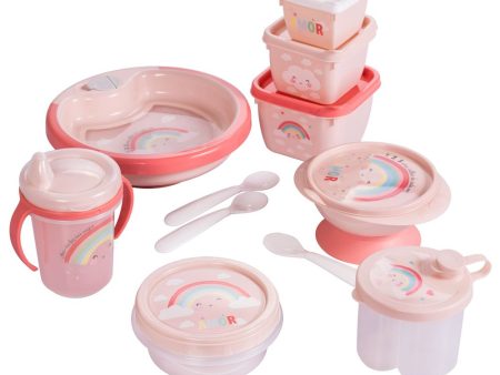 Plasutil  11-piece BPA-Free Baby Feeding Set | Includes Training Cup, Warm Plate with Suction, Bowl & Lid, Dispenser, Baby Snack Containers, Spoons and more (Rainbow - Pink) For Cheap