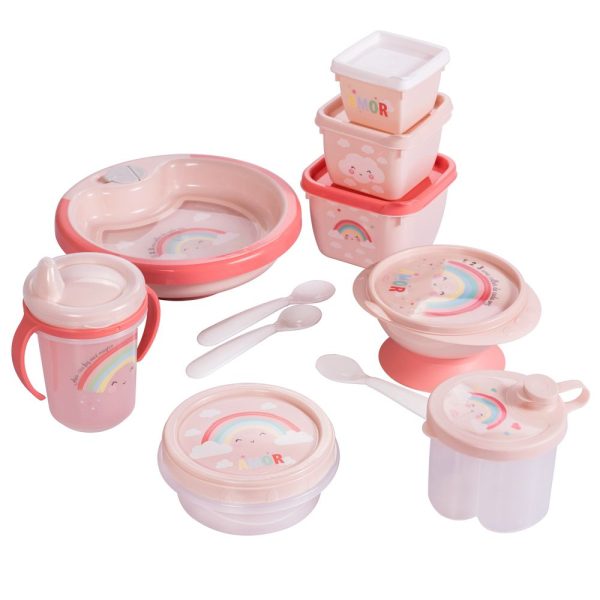 Plasutil  11-piece BPA-Free Baby Feeding Set | Includes Training Cup, Warm Plate with Suction, Bowl & Lid, Dispenser, Baby Snack Containers, Spoons and more (Rainbow - Pink) For Cheap