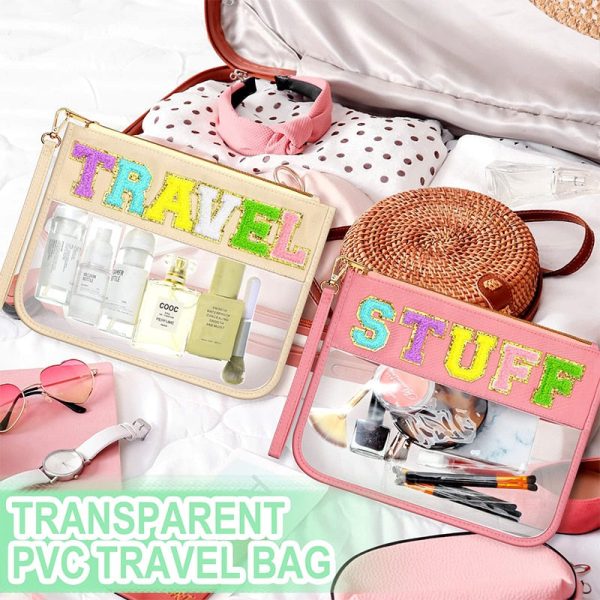 Towel Embroidered Letter Sticker Cosmetic Bag Large Capacity Multifunctional Waterproof Transparent PVC Zipper Bag Wash Bag Storage Supply