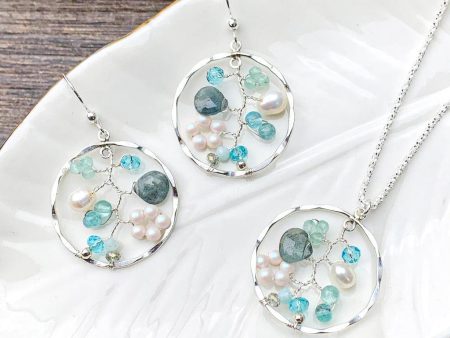 Moss Aquamarine Dream Filigree Necklace and Earrings For Cheap