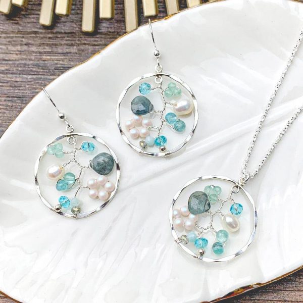 Moss Aquamarine Dream Filigree Necklace and Earrings For Cheap